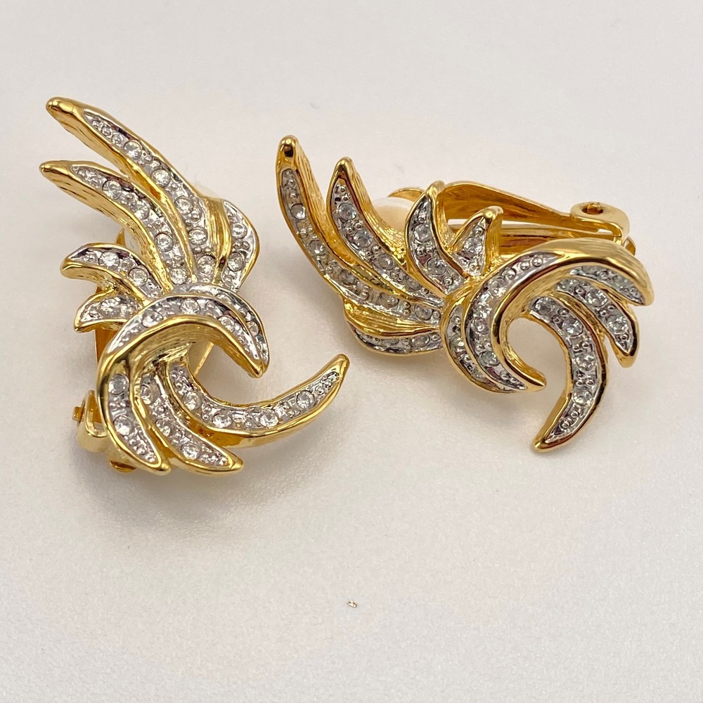 Ciro Clip On Earrings Gold Tone Vintage Swirl Rhinestone Estate Jewelry